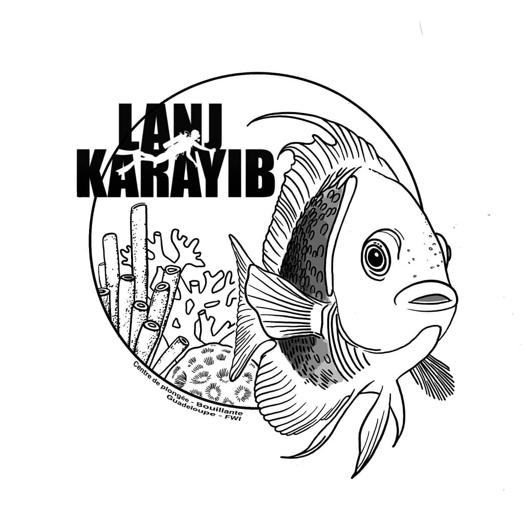 Logo de Lanj Karayib avec un poisson tropical stylisé et des coraux, représentant la plongée en Guadeloupe.